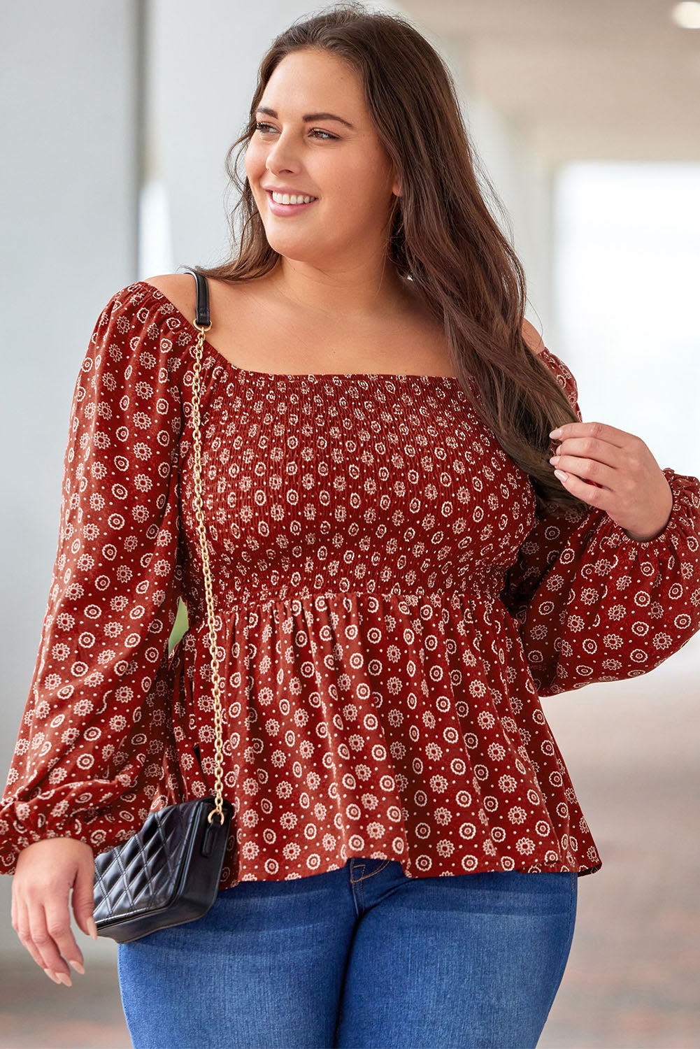 Red Plus Size Shirred Square Neck Printed Peplum Top