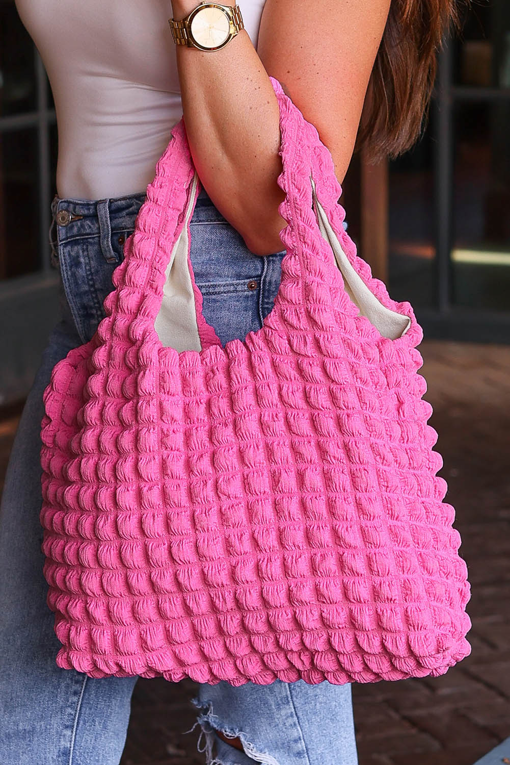 White Textured Pleated Bubble Shoulder Bag