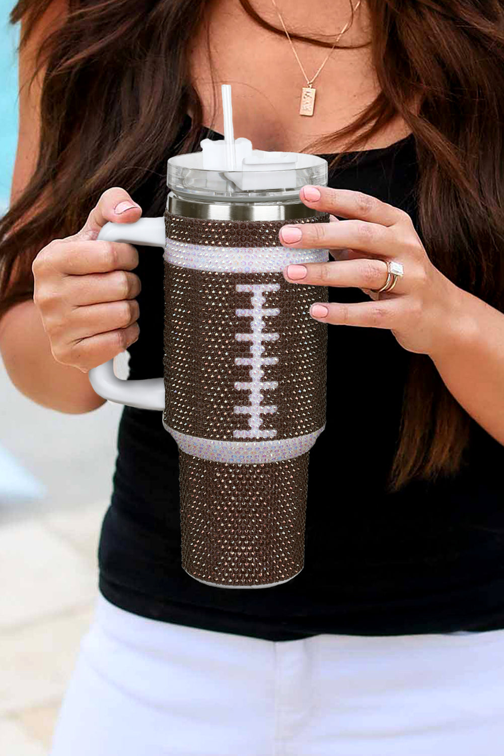 Chestnut 304 Rhinestone Rugby Stainless Steel Tumbler