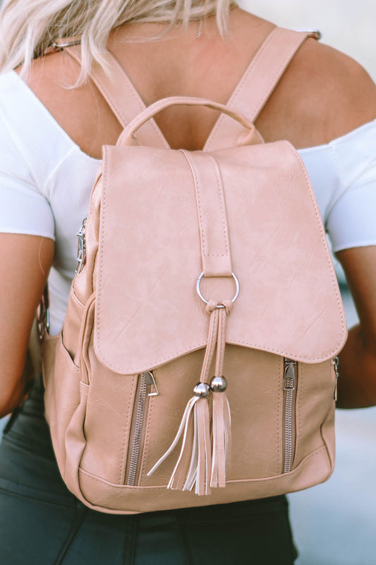 Pink Casual Multifunctional Flap Faux Leather Backpack