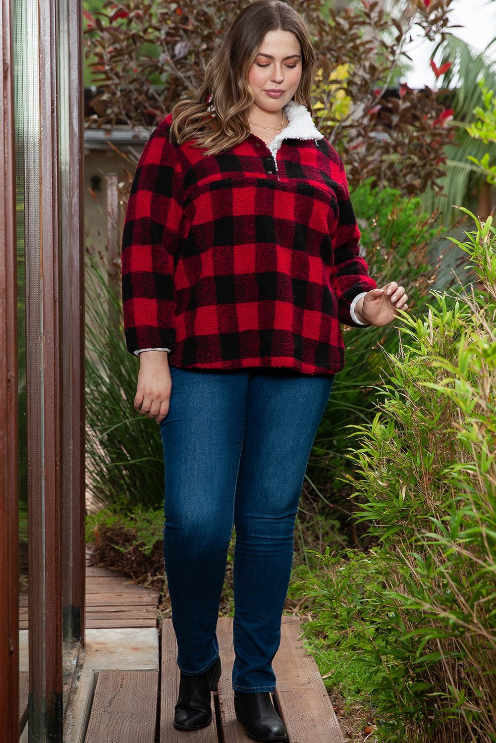 Red Plus Size Buffalo Plaid Sherpa Henley Sweatshirt