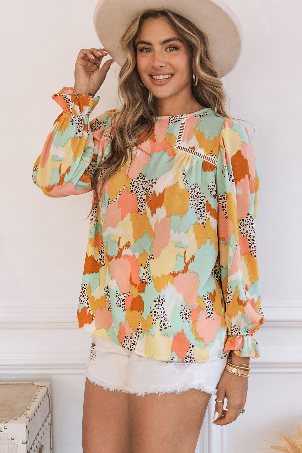 Multicolor Abstract Print Boho Ruffle Long Sleeve Blouse