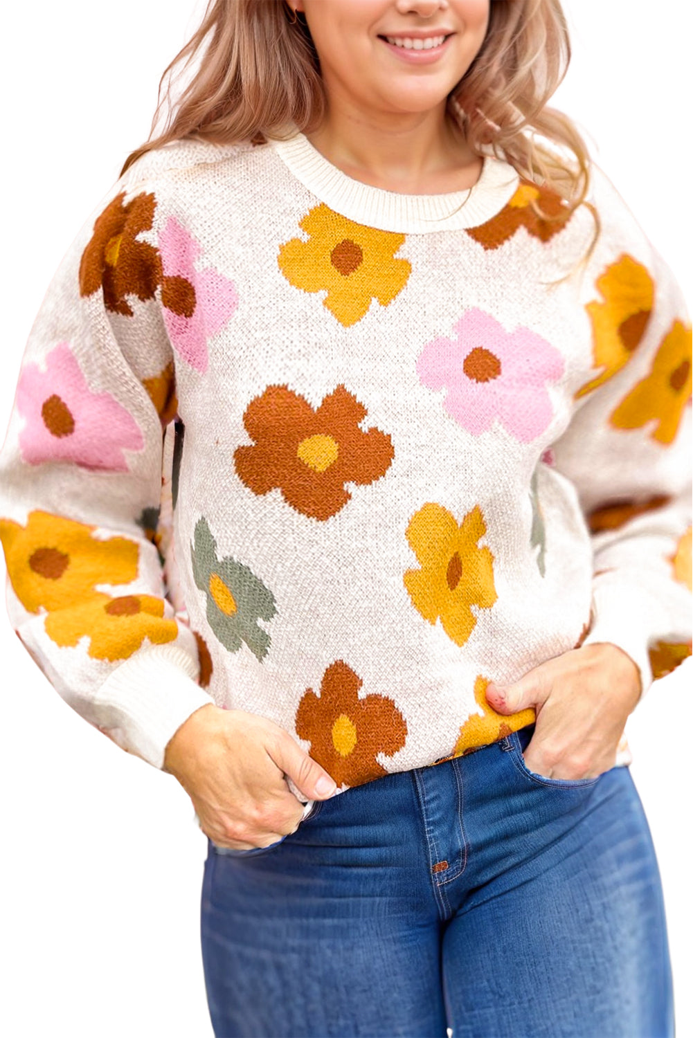 Bright White Plus Size Flower Pattern Ribbed Trim Casual Sweater