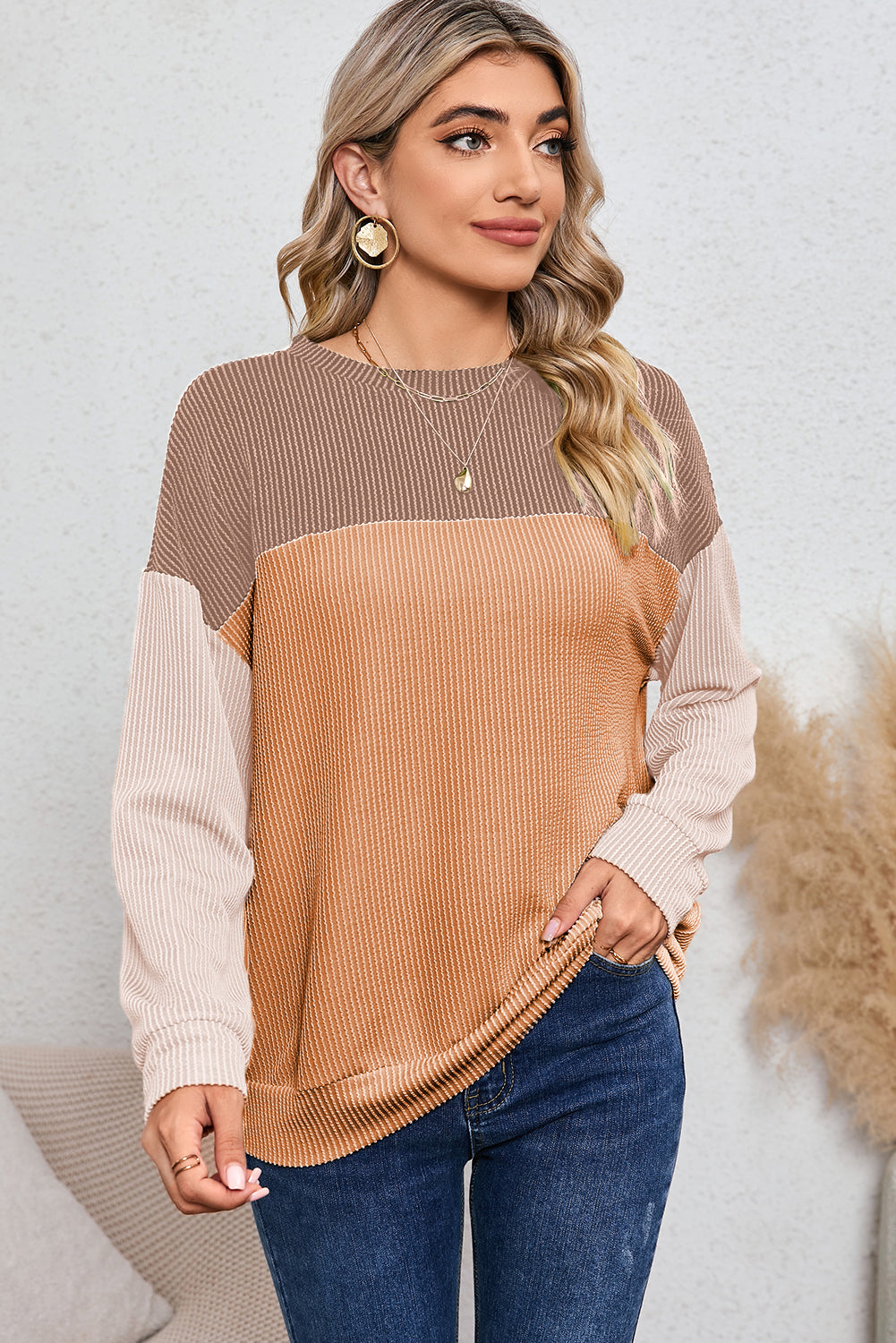 Black Color Block Corduroy Long Sleeve Top