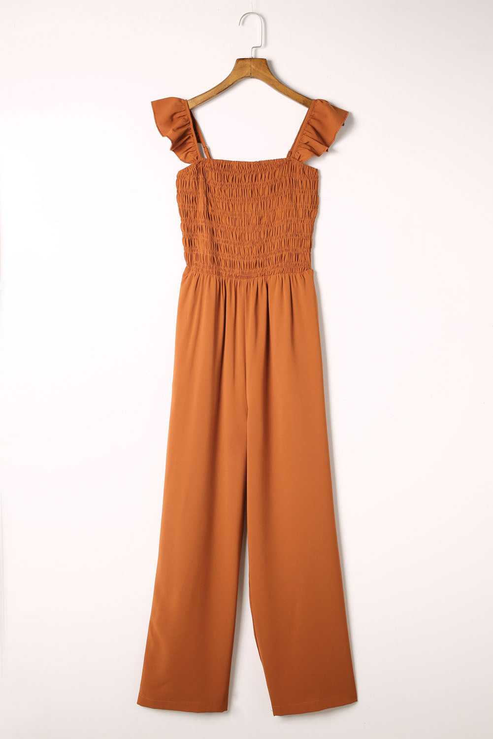 Apricot Smocked Ruffle Strap Pocket Wide Leg Jumpsuit