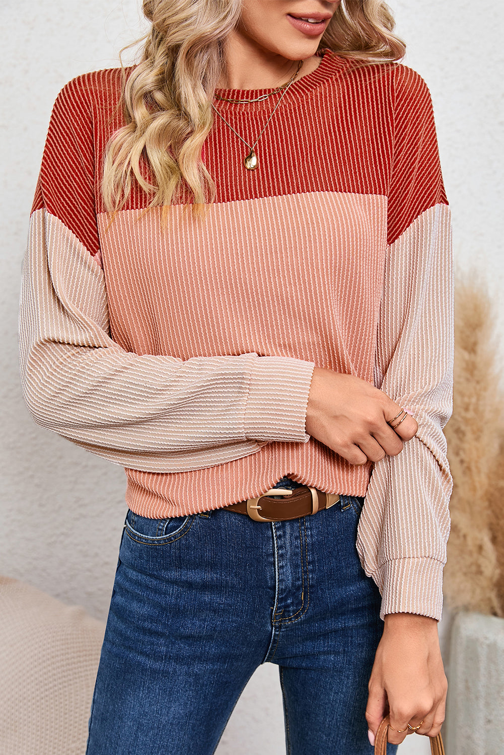 Black Color Block Corduroy Long Sleeve Top