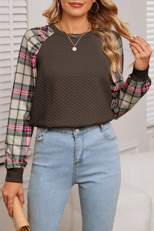 Brown Plaid Print Waffle Quilted Raglan Sleeve Sweatshirt