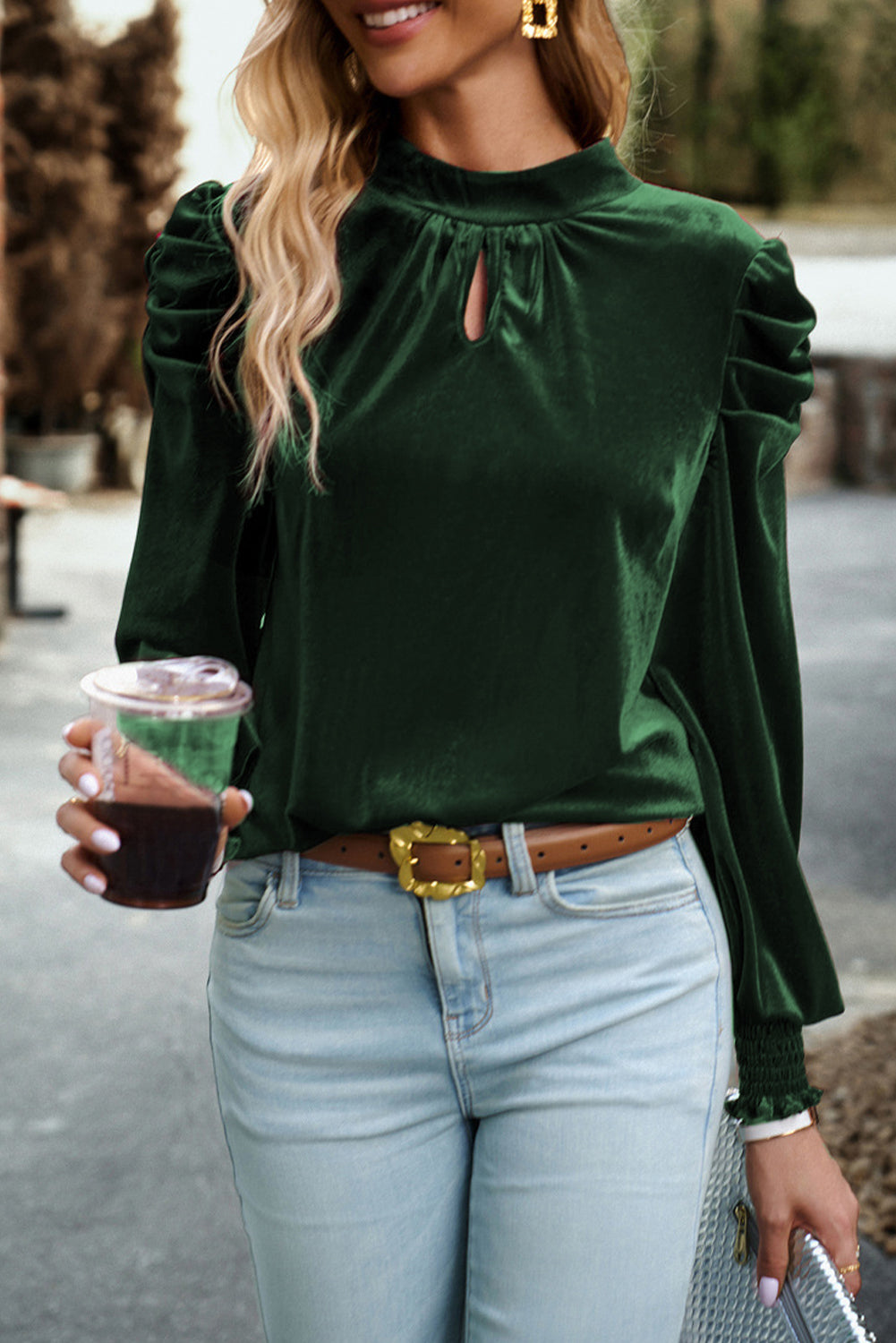 Green Keyhole Neck Puff Sleeve Velvet Blouse