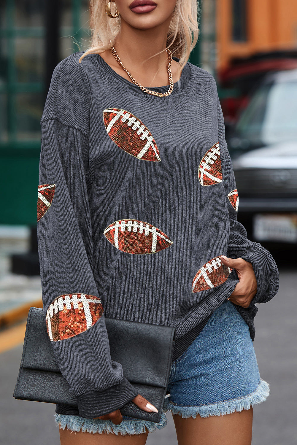 Gray Sequin Rugby Graphic Corded Baggy Sweatshirt