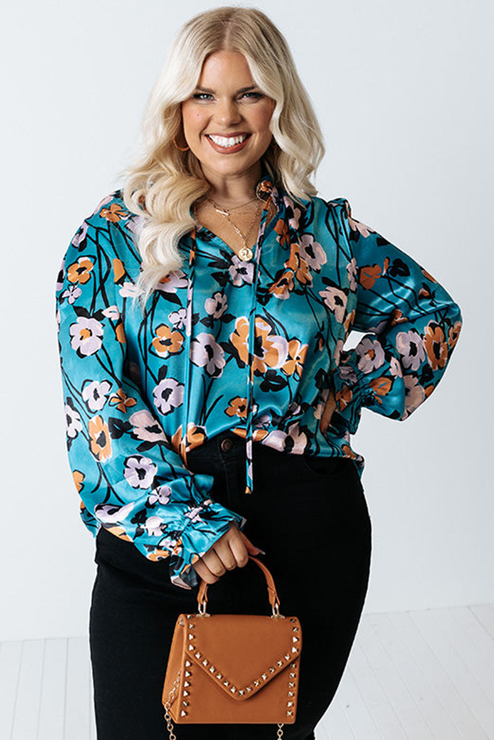 Sky Blue Floral Print V Neck Plus Size Blouse