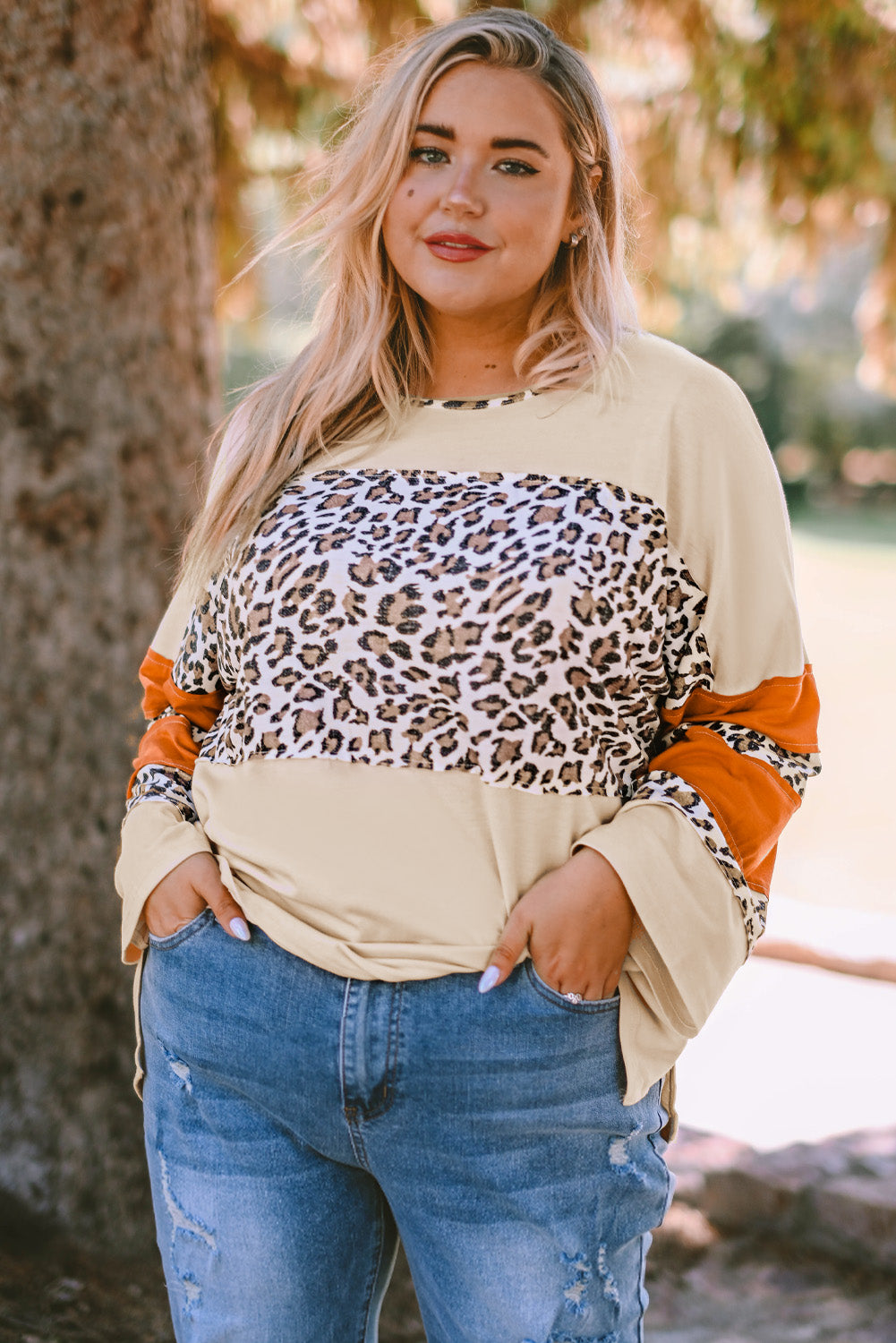 Apricot Leopard Print Color Block Patchwork Plus Size Top