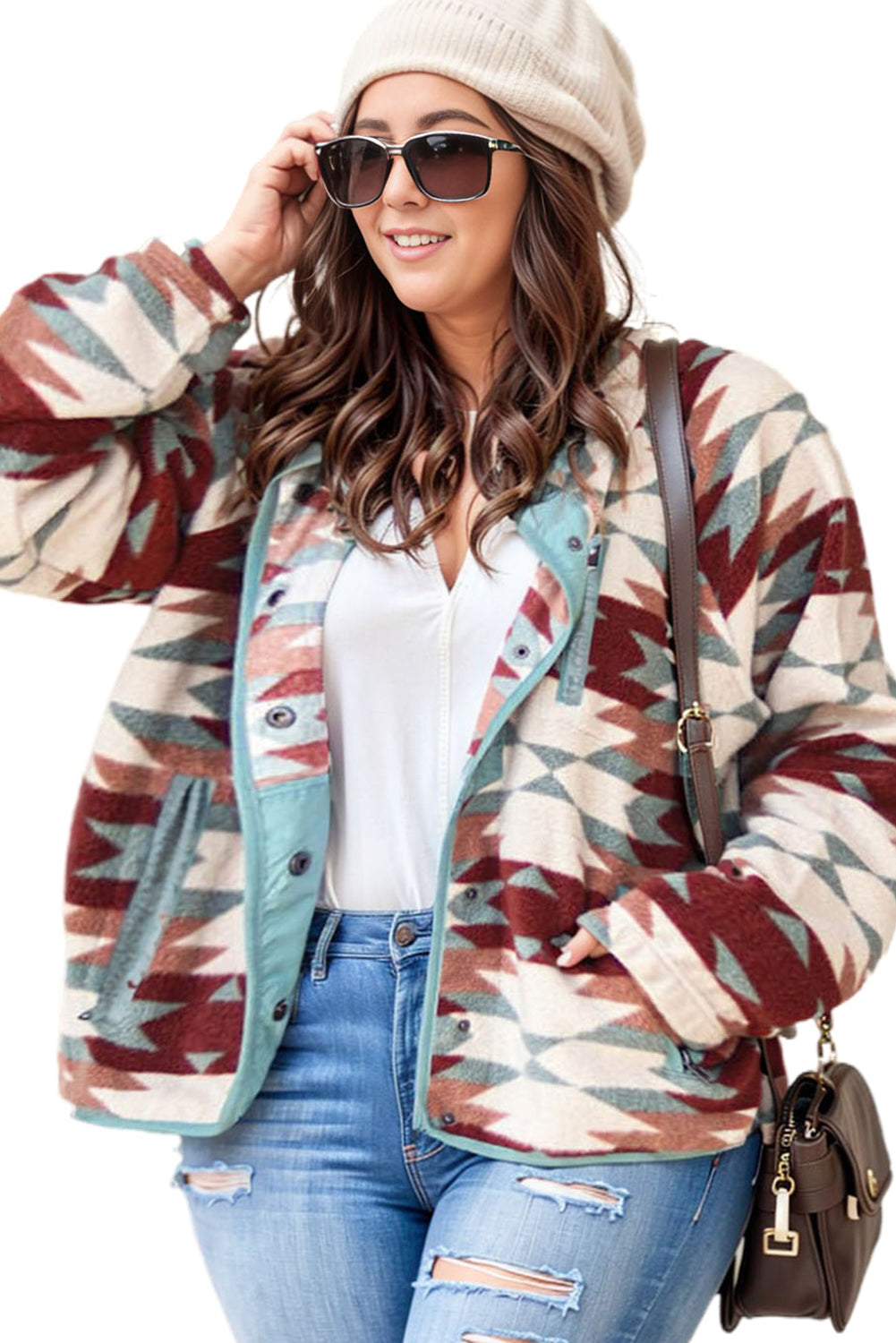 Red Geometric Pattern Plus Size Fleece Jacket