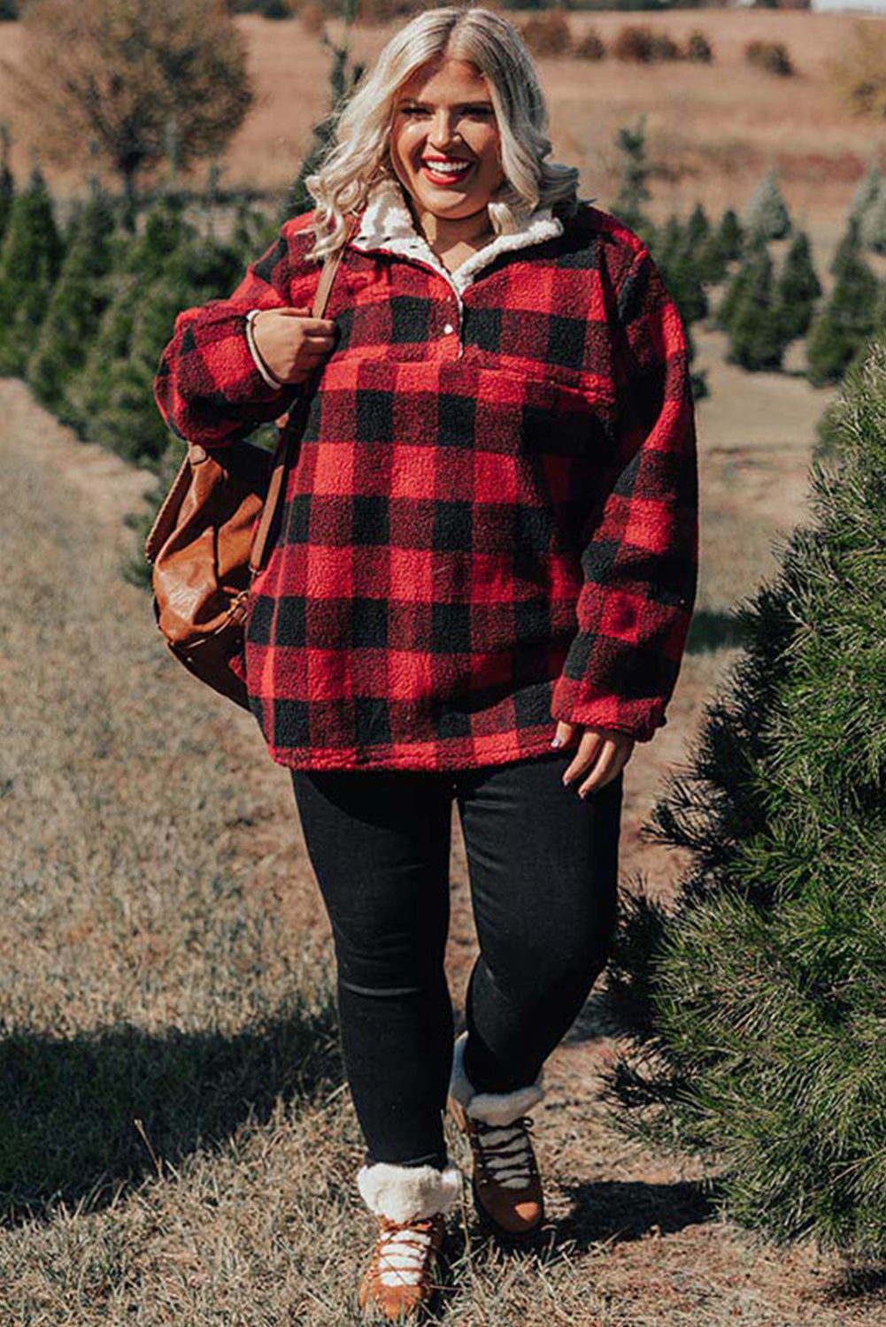 Red Plus Size Buffalo Plaid Sherpa Henley Sweatshirt