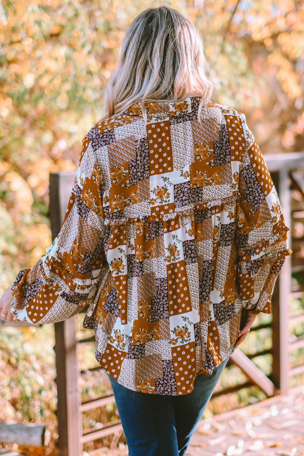 Apricot Mixed Print Turn-down Neck Plus Size Shirt