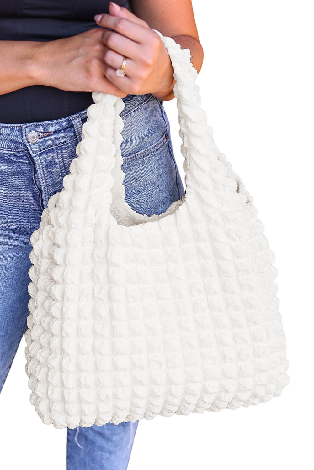 White Textured Pleated Bubble Shoulder Bag