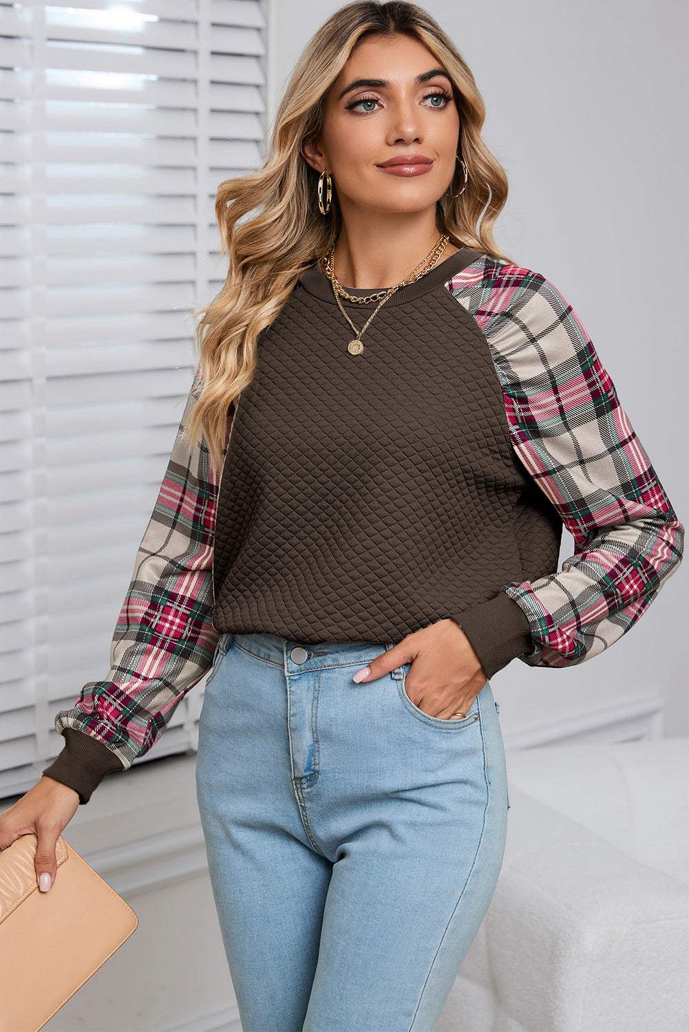 Brown Plaid Print Waffle Quilted Raglan Sleeve Sweatshirt