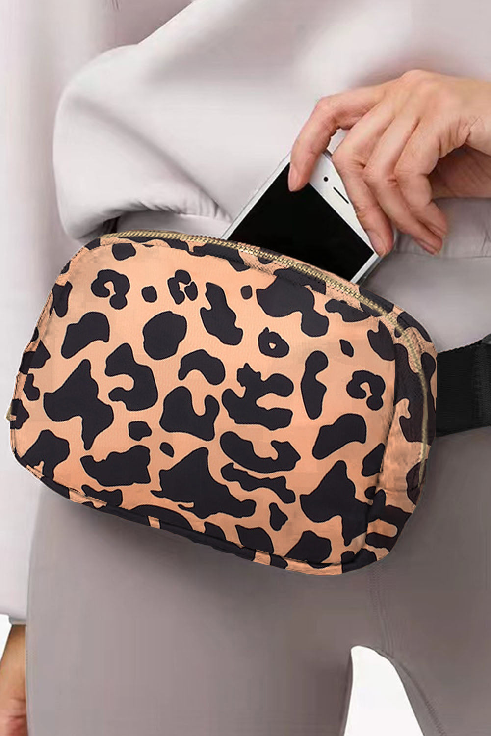 White 20*5*14cm Leopard Print Buckle Canvas Waist Pack Belt Bag