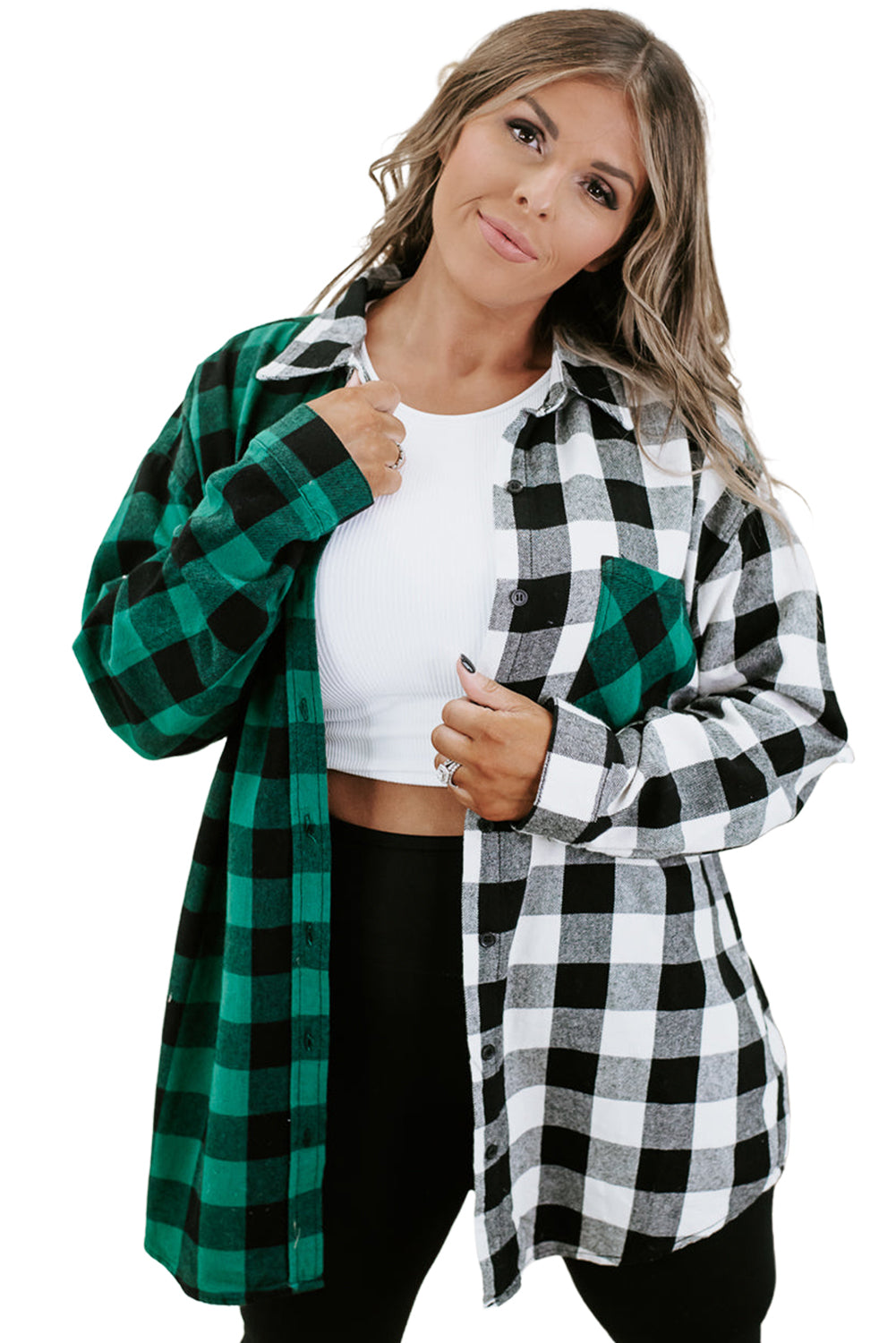 Verdant Plaid Color Block Buttoned Plus Size Shacket