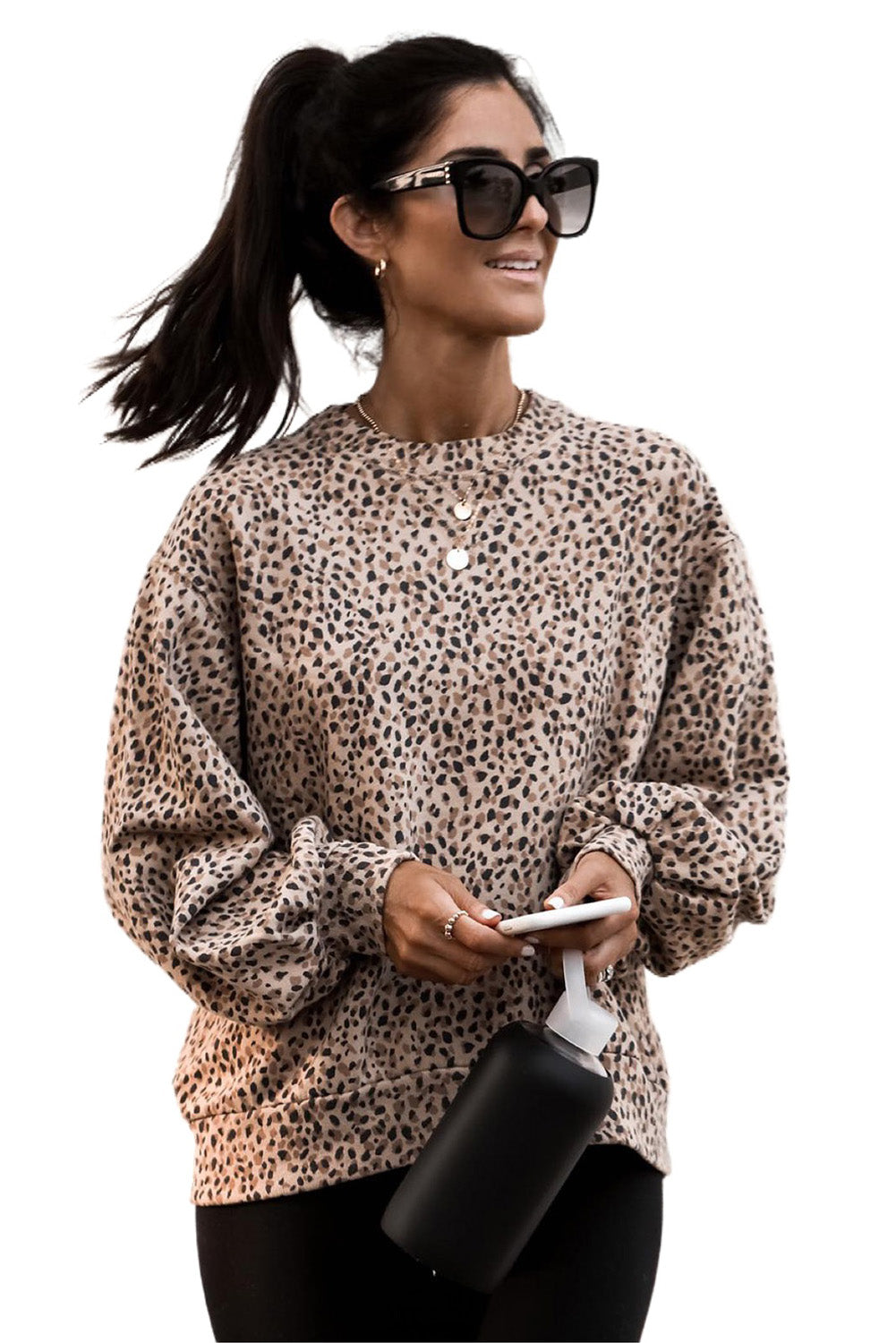 Cheetah Print Crew Neck Bishop Sleeve Sweatshirt