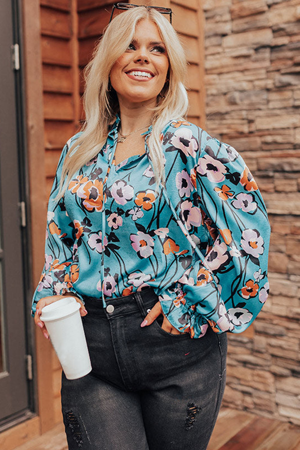 Sky Blue Floral Print V Neck Plus Size Blouse