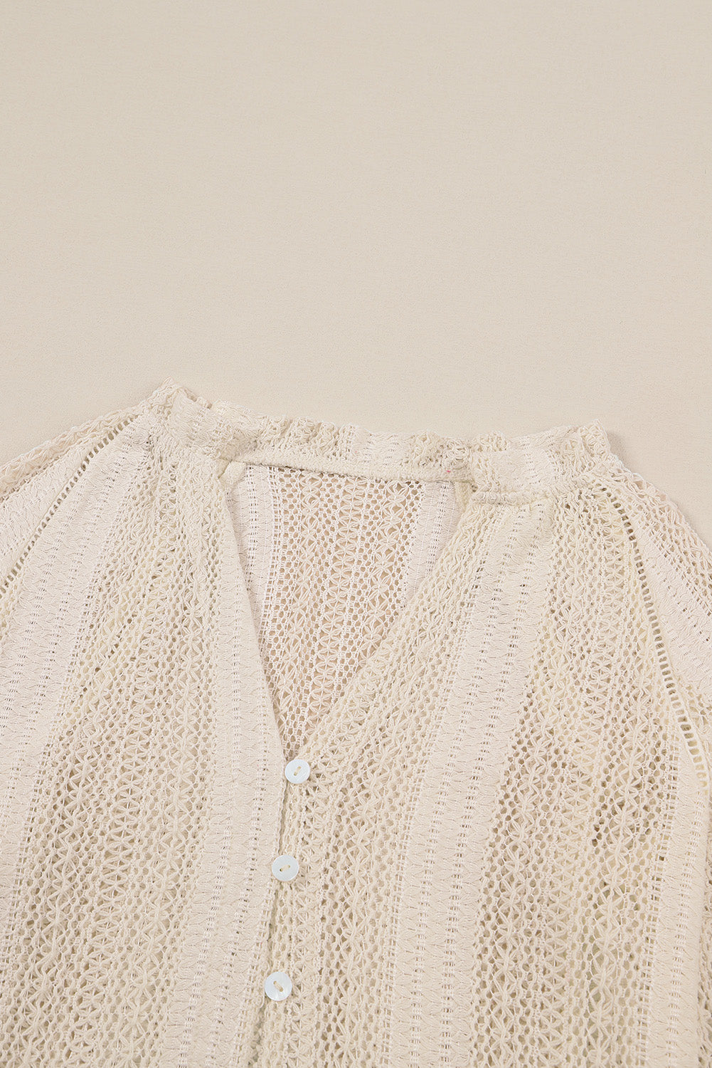 White Notch Neck Button Down Raglan Sleeve Crochet Top