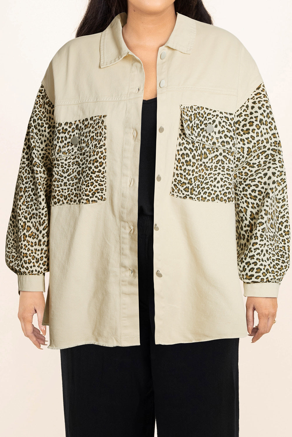 Apricot Plus Size Leopard Sleeve Raw Hem Denim Jacket