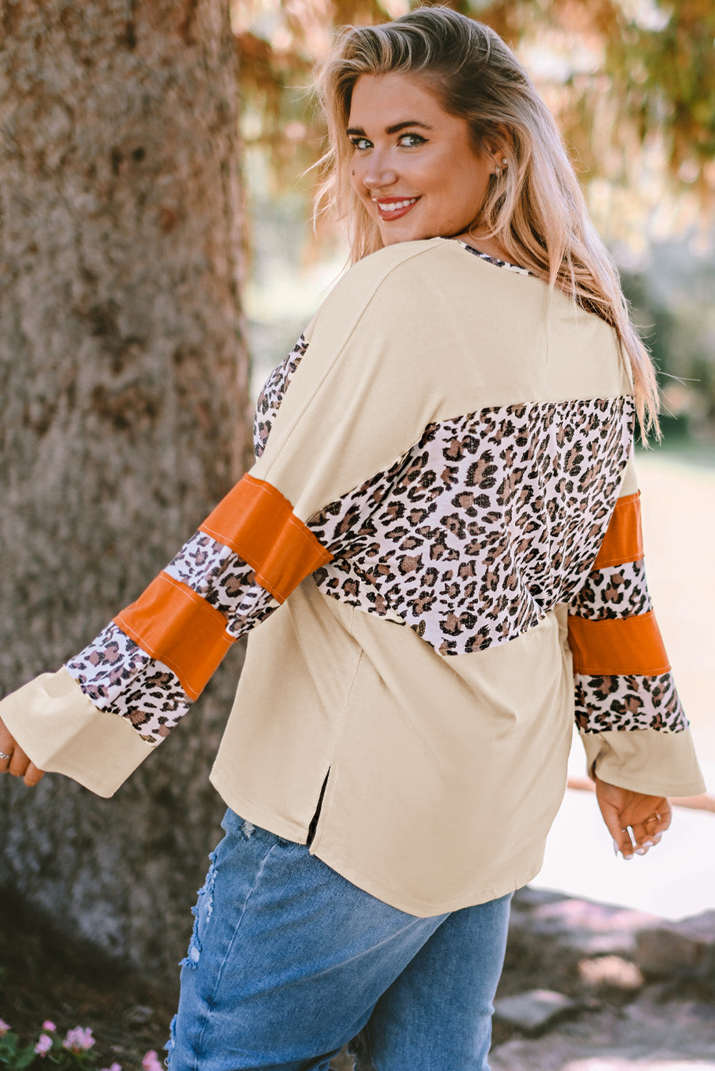 Apricot Leopard Print Color Block Patchwork Plus Size Top