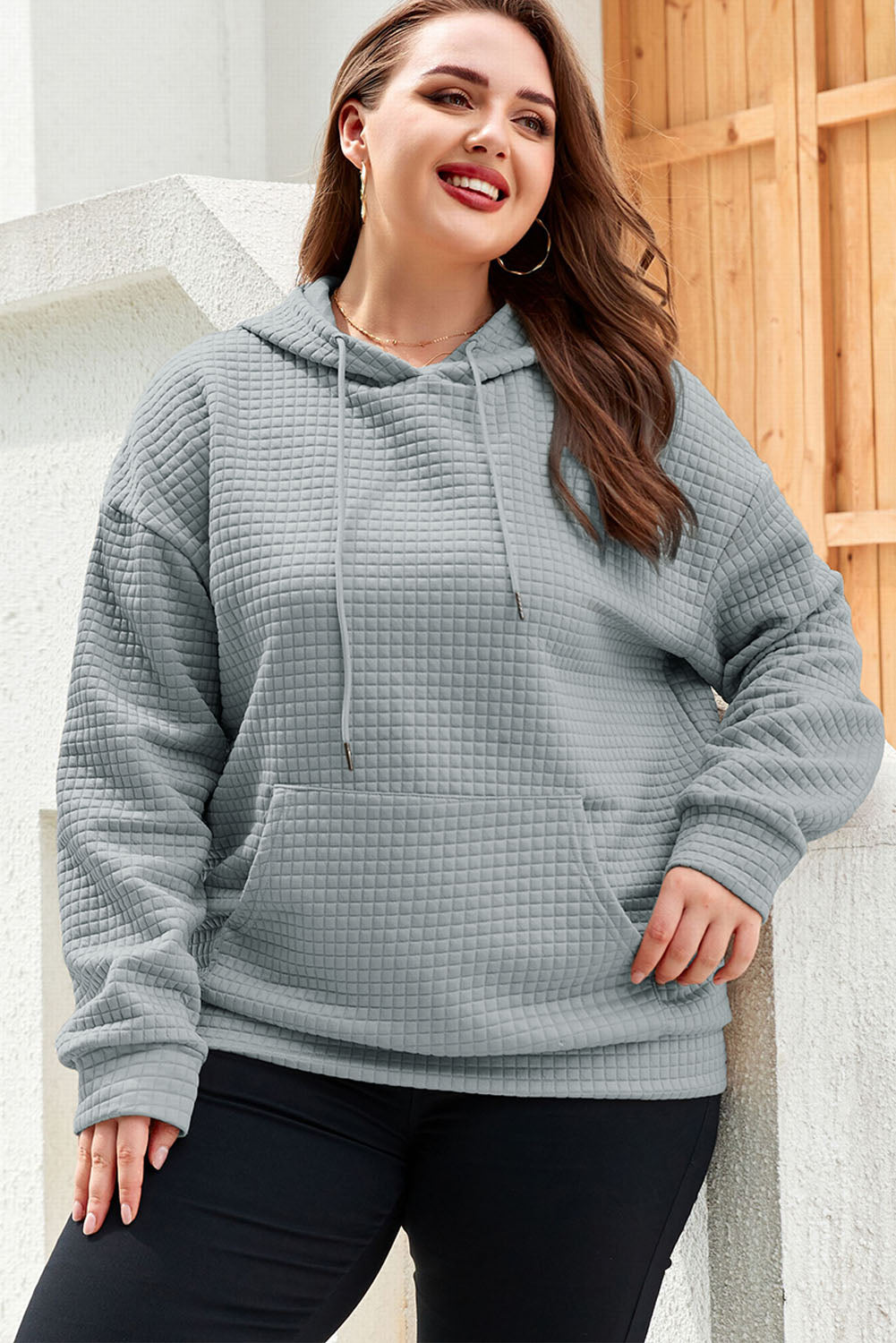 Gray Plain Kangaroo Pockets Quilted Plus Size Hoodie