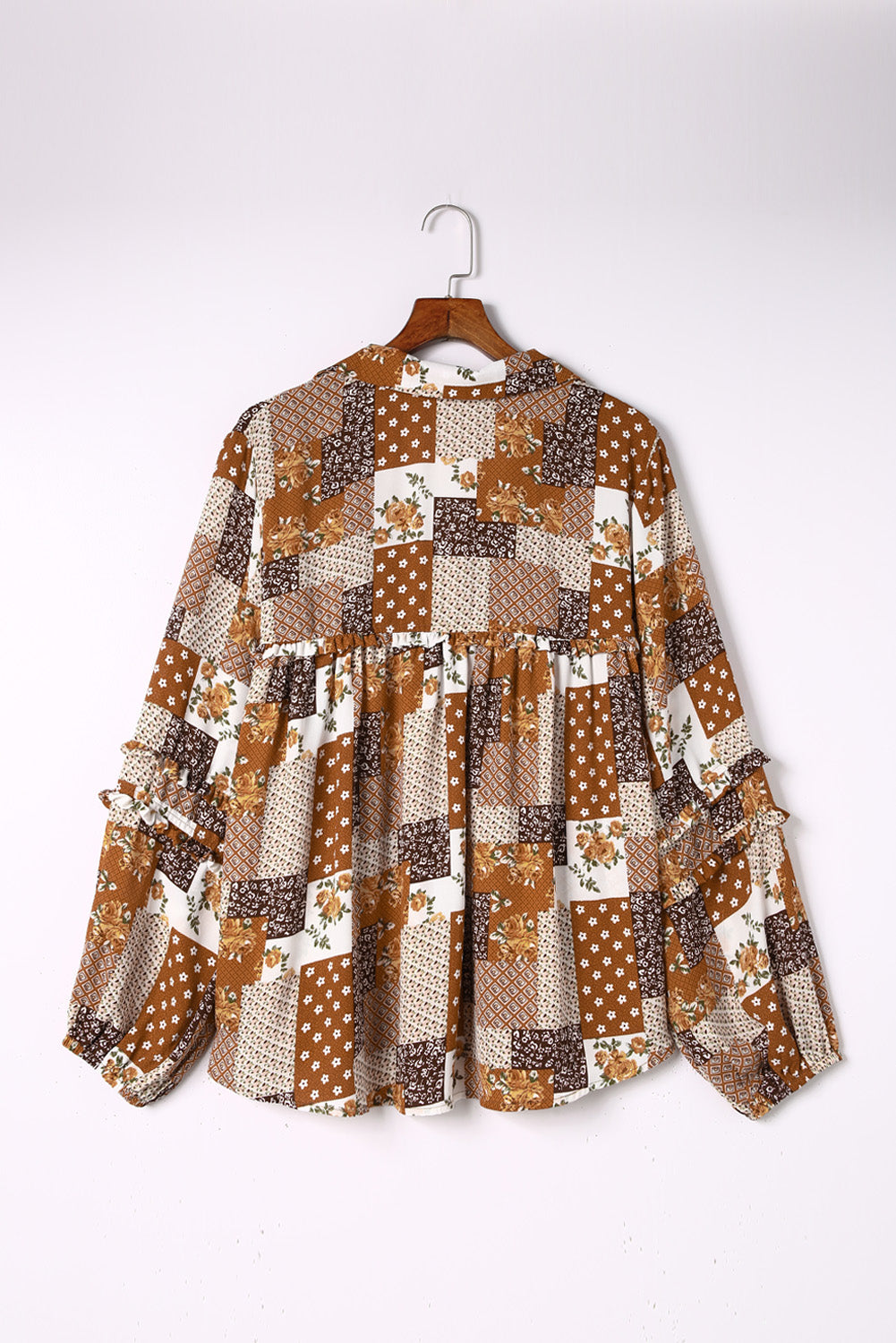 Apricot Mixed Print Turn-down Neck Plus Size Shirt