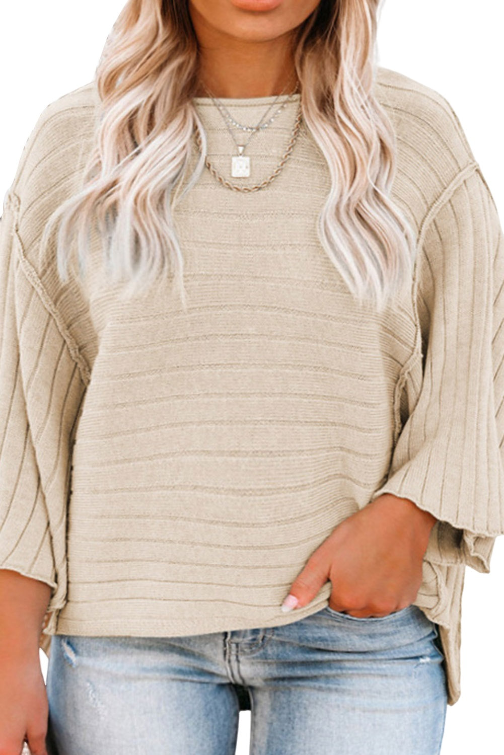 Apricot Plus Size Exposed Seam Bracelet Sleeve Ribbed Top