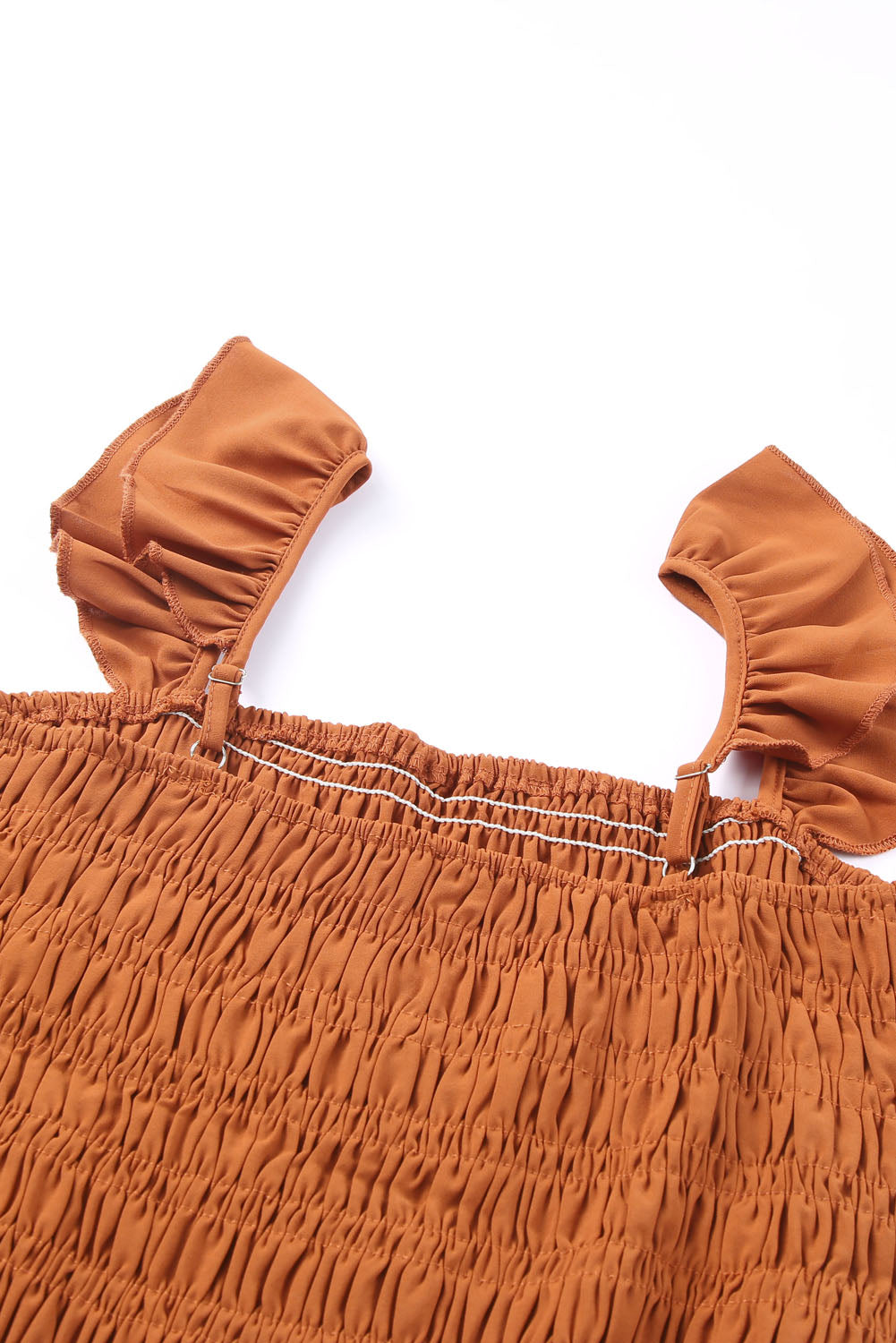 Apricot Smocked Ruffle Strap Pocket Wide Leg Jumpsuit