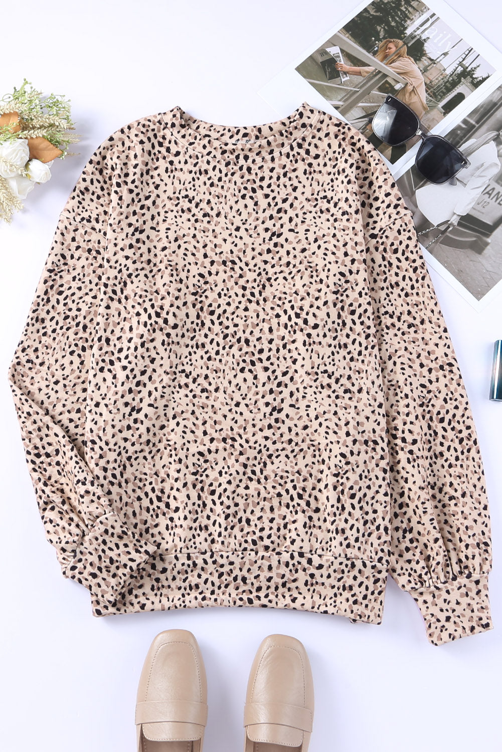 Cheetah Print Crew Neck Bishop Sleeve Sweatshirt