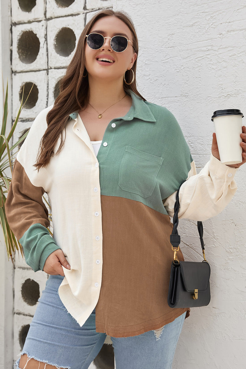 Green Colorblock Button-Up Long Sleeve Plus Size Shirt