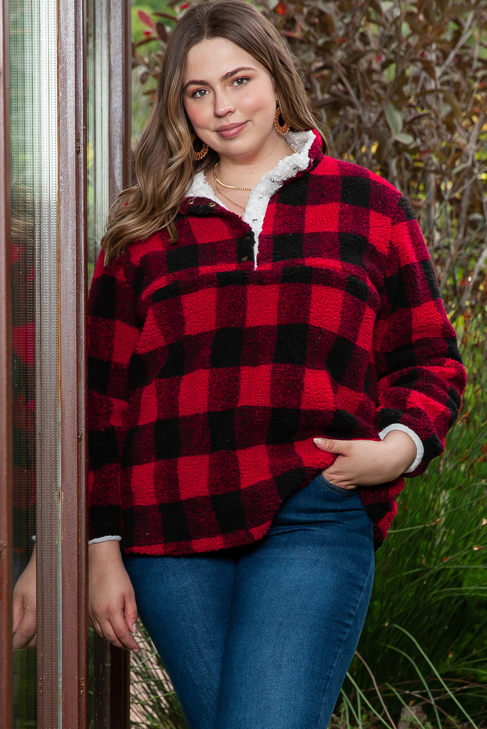 Red Plus Size Buffalo Plaid Sherpa Henley Sweatshirt