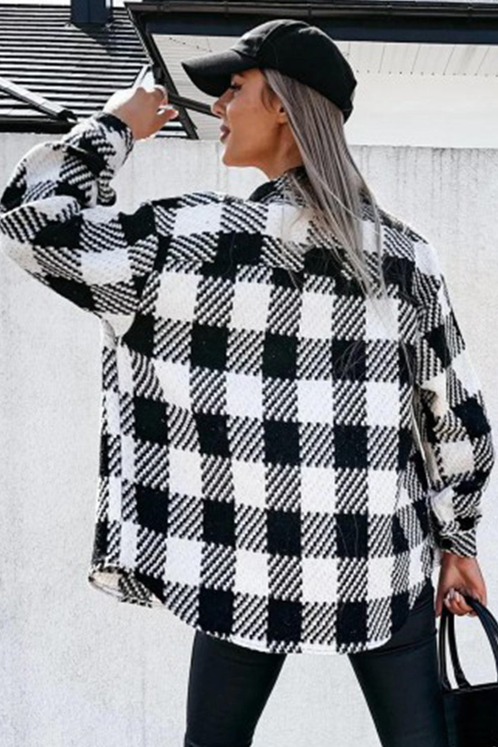 Black & White Elegant Plaid Textured Flap Pocket Shacket