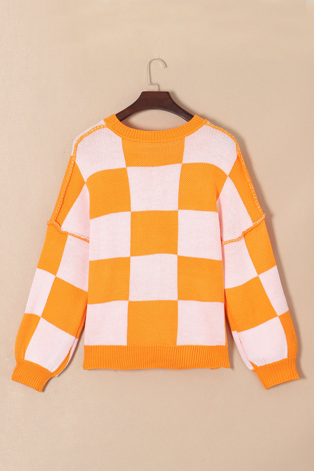 Pink Checked Bishop Sleeve Pullover Sweater