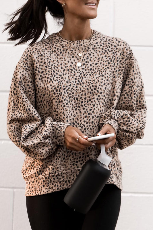 Cheetah Print Crew Neck Bishop Sleeve Sweatshirt