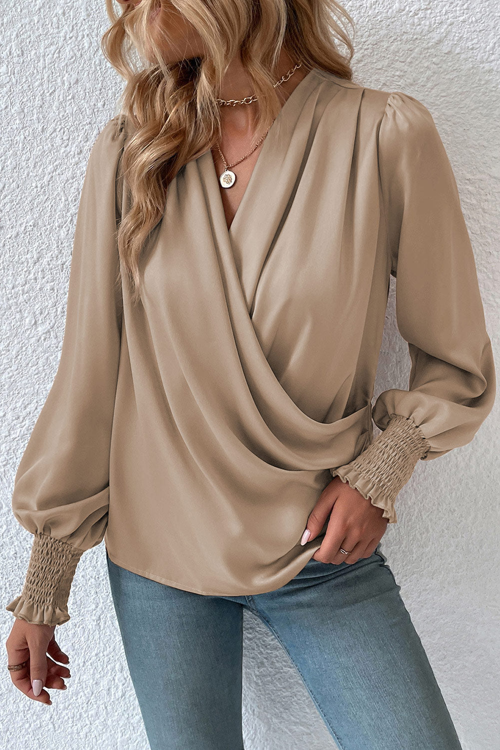 Black Basic Drape V Neck Long Sleeve Blouse for Women