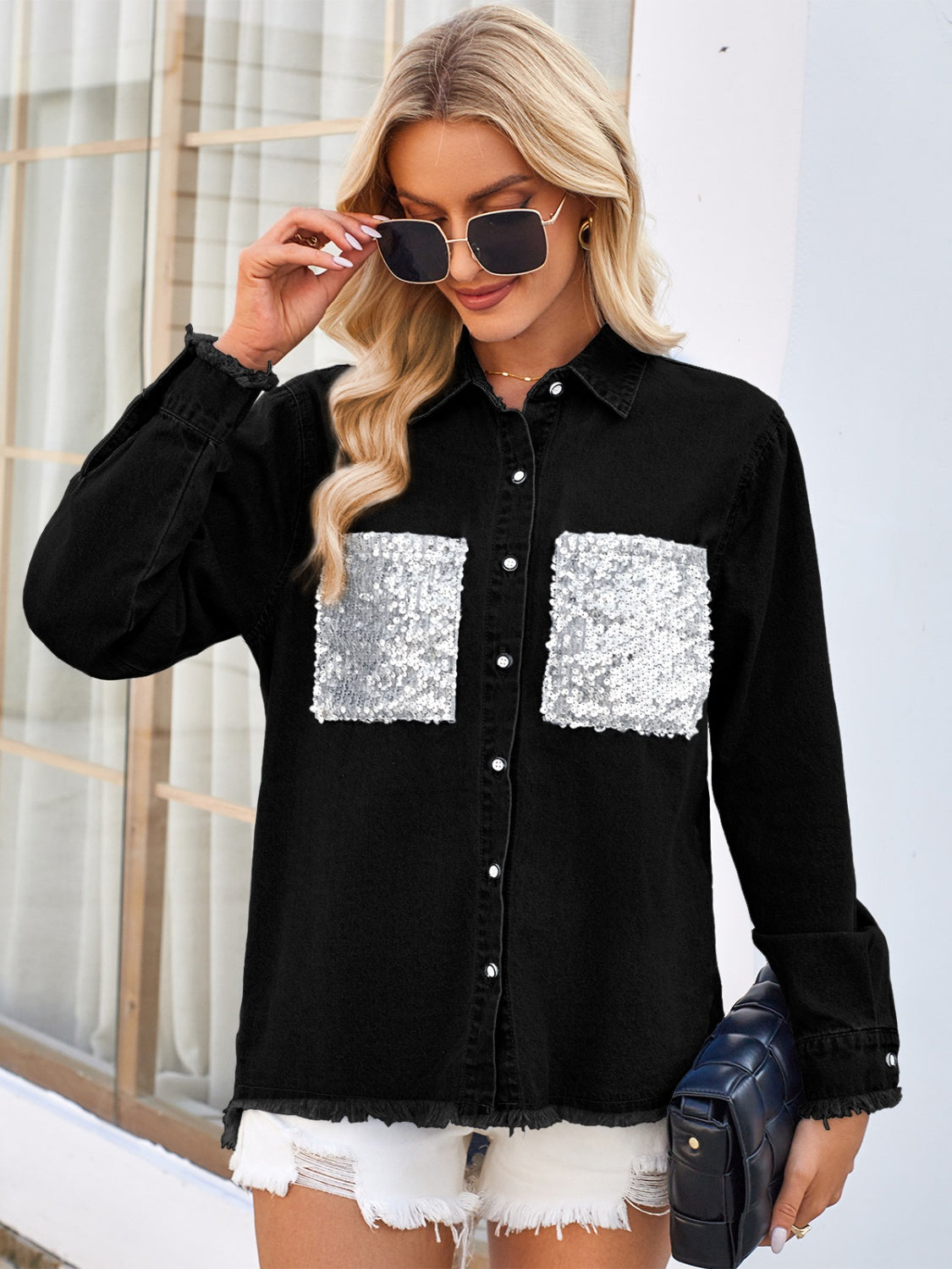 Raw Hem Button Up Long Sleeve Denim Jacket with Sequin Pockets