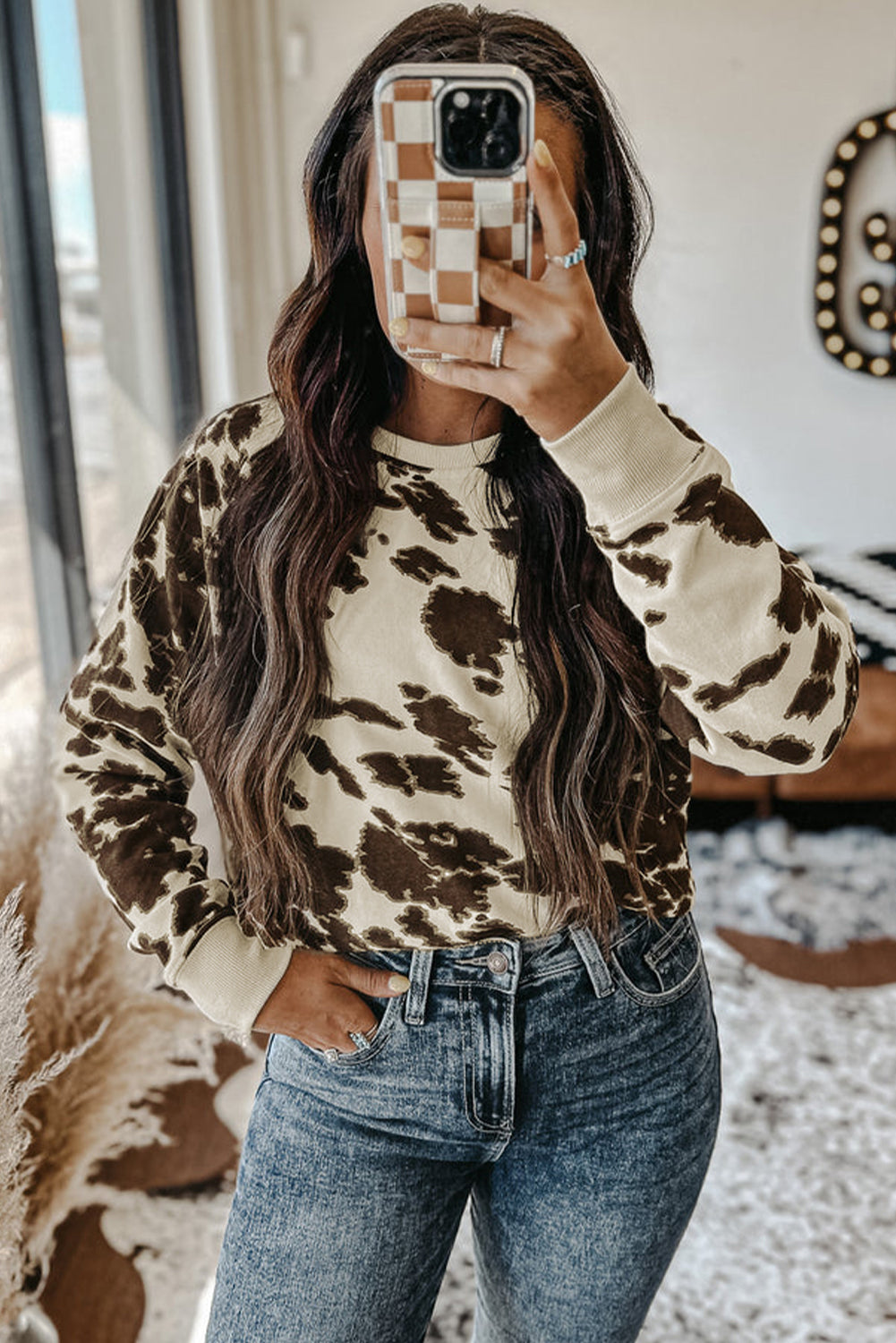 Bright White Plus Size Crew Neck Animal Print Pullover Sweatshirt