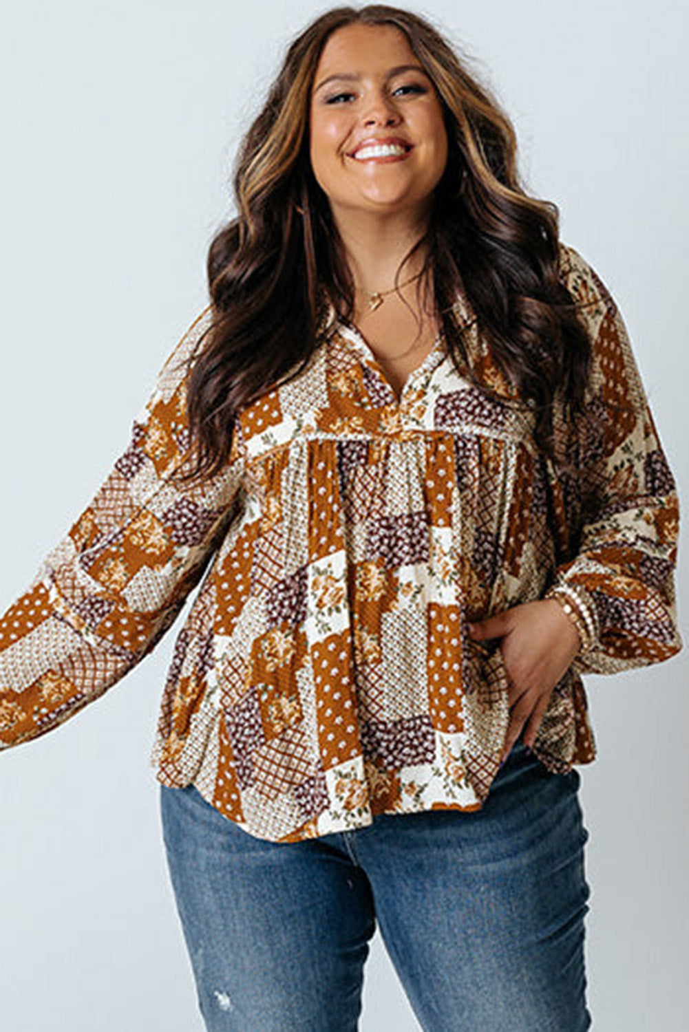 Apricot Mixed Print Turn-down Neck Plus Size Shirt