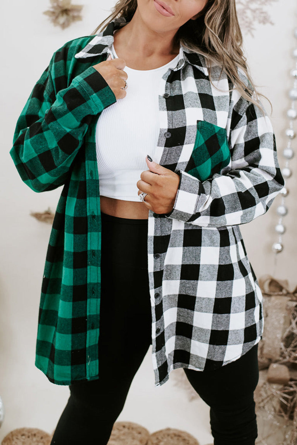 Verdant Plaid Color Block Buttoned Plus Size Shacket