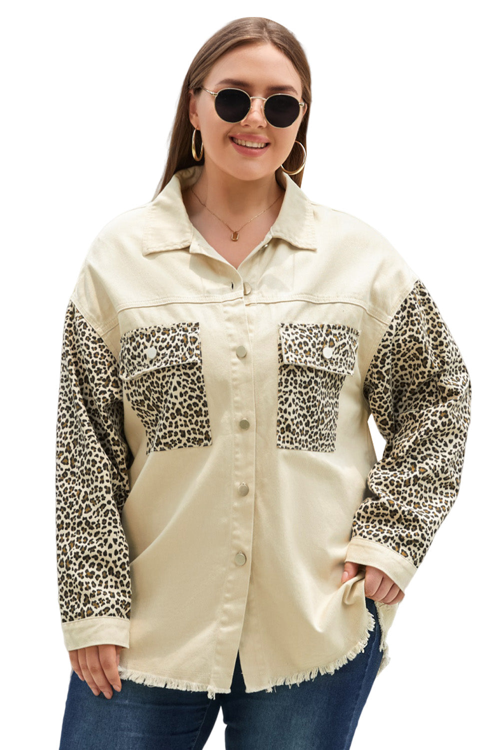 Apricot Plus Size Leopard Sleeve Raw Hem Denim Jacket