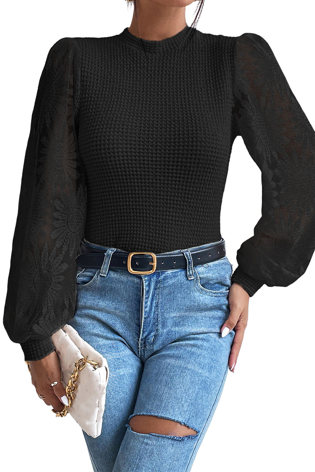 Beige Sunflower Mesh Long Sleeve Waffle Knit Top