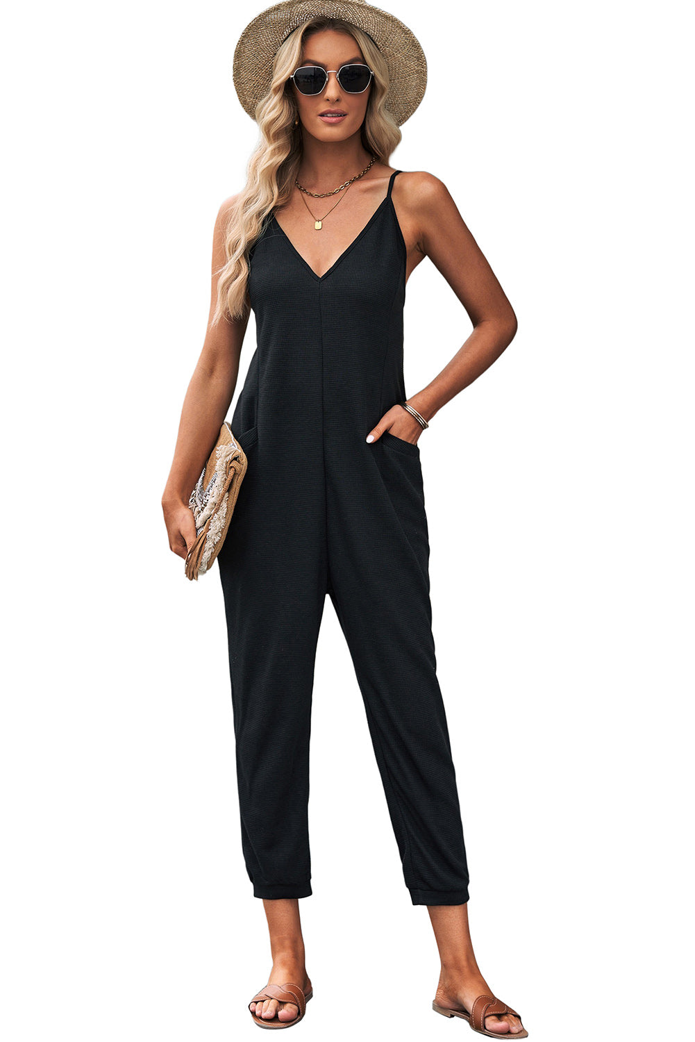 Gray Casual Textured Sleeveless V-Neck Pocketed Jumpsuit