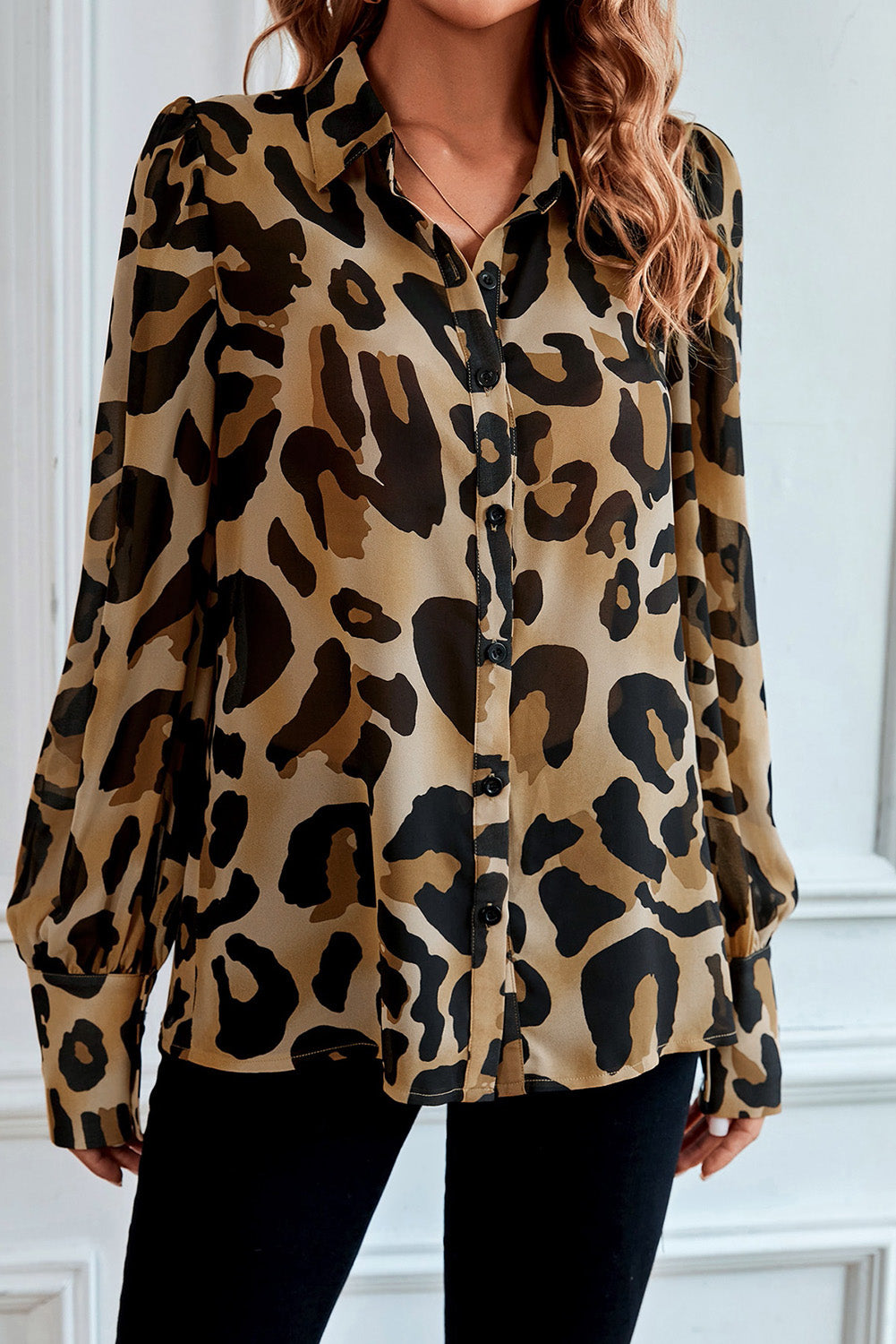 Leopard Bishop Sleeve Button Up Turn Down Collar Shirt