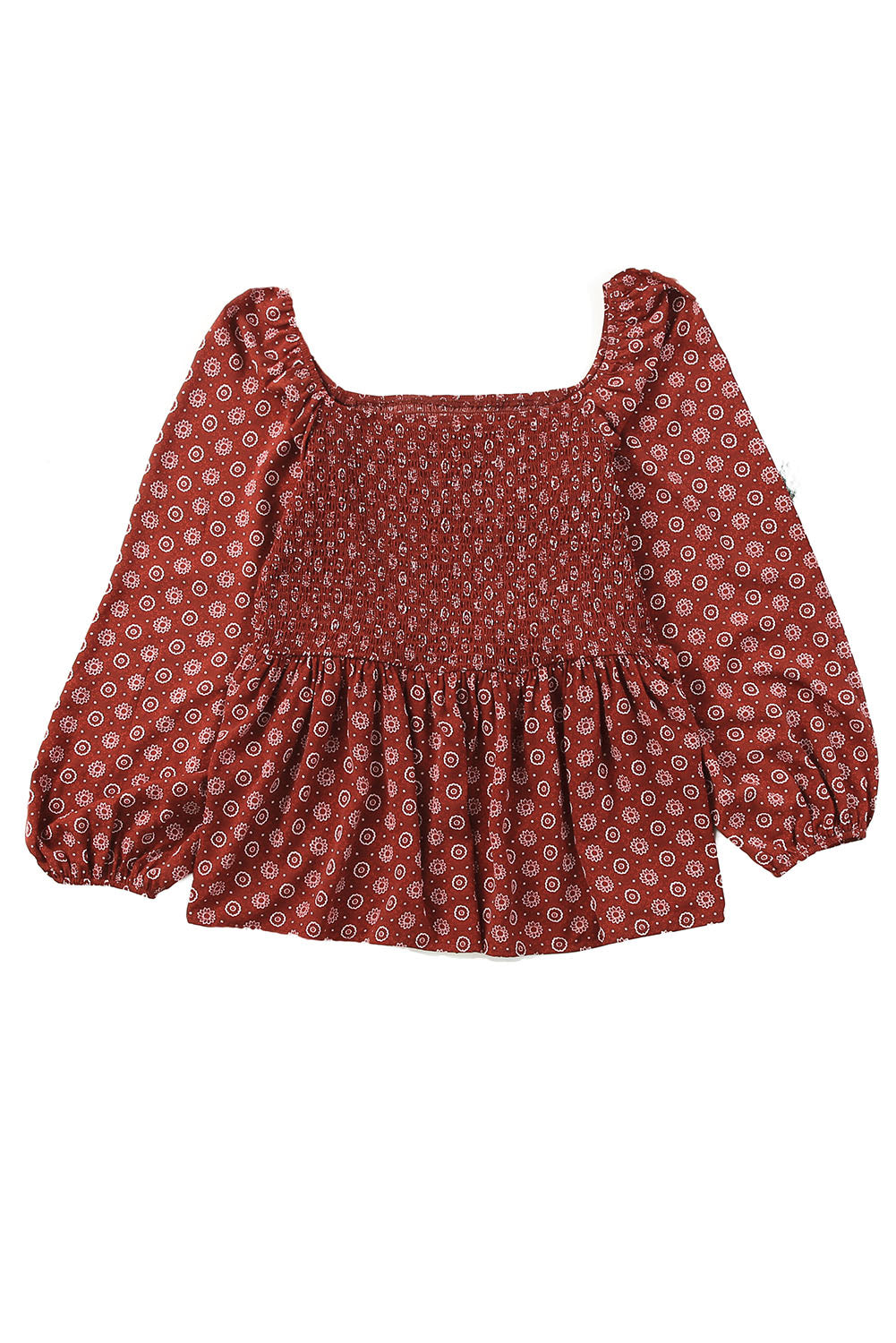 Red Plus Size Shirred Square Neck Printed Peplum Top