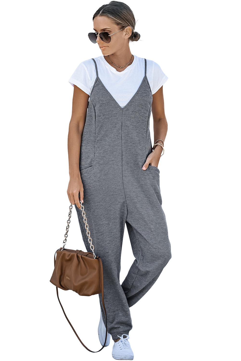 Gray Casual Textured Sleeveless V-Neck Pocketed Jumpsuit