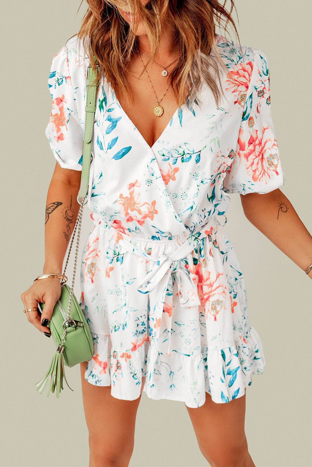 White Floral Print Puff Sleeves Belted Romper