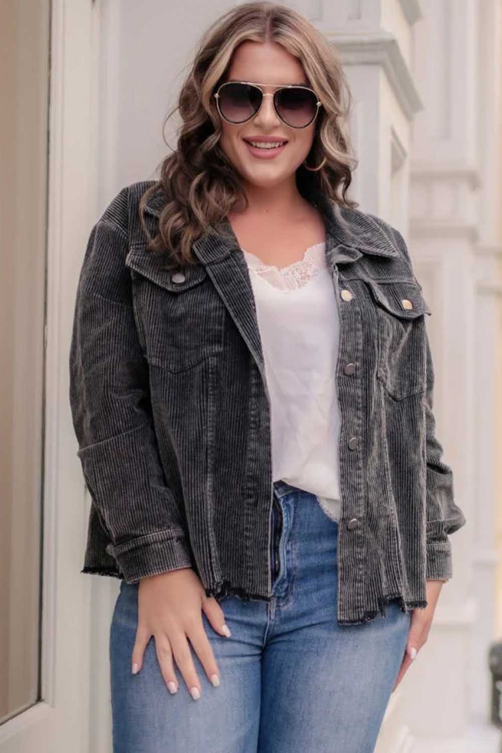 Gray Plus Size Flap Pocket Raw Edge Corduroy Jacket